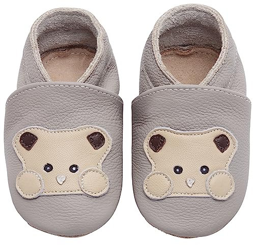 IceUnicorn Krabbelschuhe Baby Lauflernschuhe Jungen Mädchen Weicher Leder Babyhausschuhe Kleinkind Rutschfeste Lederschuhe Baby(Grauer Bär, 6-12 Monate)