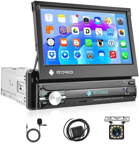 Podofo Android Autoradio Bluetooth 1 DIN Radio Coche con GPS 7 Pulgadas Pantalla Táctil Retráctil Estéreo Radio de Coche con WiFi FM/RDS Radio + Cámara de Respaldo