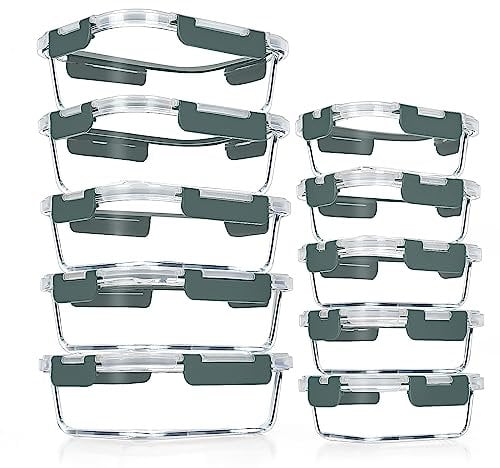VERONES 10 Pack de Envases de Vidrio para Comida, Juego de Envases de Vidrio Apilables con Tapa, Libres de BPA, Aptos para Microondas, Horno, Congelador y Lavavajillas,Gris