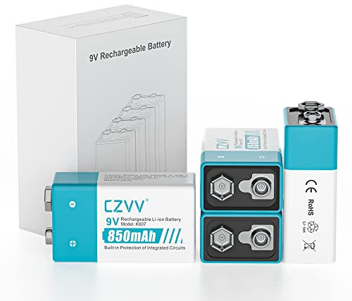 czvv Piles 9V Rechargeable Lithium - Haute Capacité 850mAh Lithium-ion - Anti-fuite et Durée de Vie Ultra Longue 10 ans - 1300 Fois Cycle - Détecteurs de Fumée, Radios, Microphones sans Fil (4 unités)