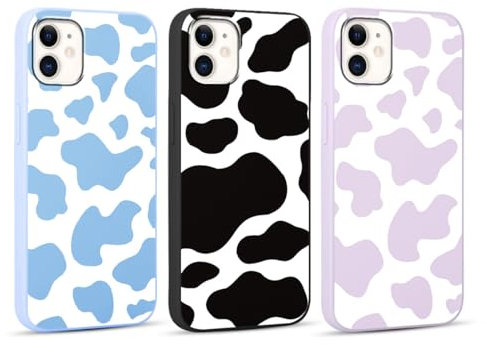 RUMDEY 3 Pack Cute Cow Print Girls Woman Phone Case for Apple iPhone 11 6.1 inches, Matte Soft Slim Shockproof TPU Bumper Cover for iPhone 11 with Design, Blue&Purple&Black