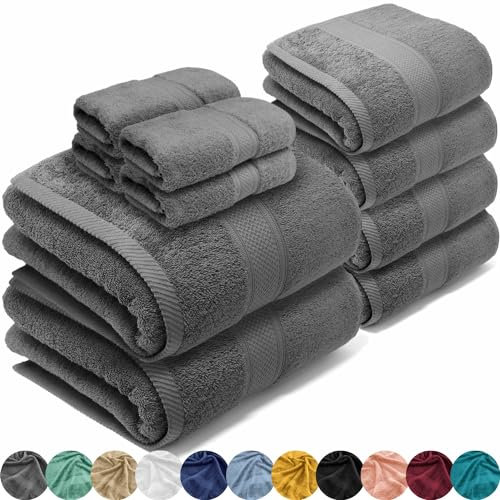LEBENGOOD Juego de Toallas de Baño Grandes Completo 100% Algodón Premium 550gsm | 4 Toallas Tocador (30x30), 4 Toallas Lavabo (50x90), 2 Toallas Ducha (70x130) | Suaves, Absorbentes (Pack 10 Acero)