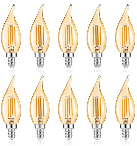 Jiotouhu 10er Pack E14 Kerze LED Lampe für Kronleuchter, E14 Glühfaden Retrofit Classic, 4W 400 Lumen ersetzt 40 Watt, Amber Glow,2200K Filament Fadenlampe, Glas, nicht dimmbar