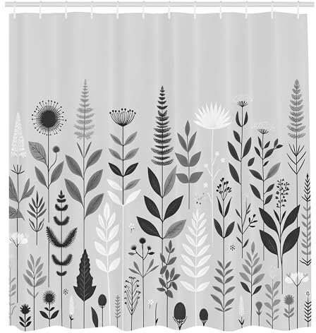 ABAKUHAUS Grau Duschvorhang, Einfache Botanik Moderne Interpretation skandinavischer Blätter und Blumen, Stoffliches Gewebe Badezimmerdekorationsset mit Haken, 175 x 200 cm, Blasses Lila Eierschale