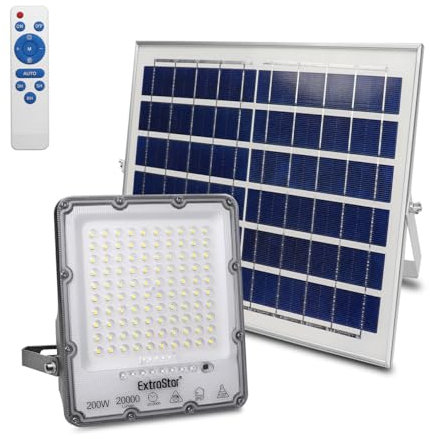 EXTRASTAR Foco Proyector LED Solar 200W con Mando a Distancia, Luz Blanca Fría 6500K, Resistente al Agua IP67, para Exterior, Jardín, Patio, 1Pc