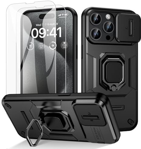Doeshine for iPhone 15 Pro Max Case, with 2 Pack Screen Protector and Slide Camera Cover, 360° Ring Stand Holder Kickstand, Full Body Armour Military Grade Shockproof Protective Phone Cover (Black)