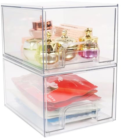 Stackable Clear Bin Plastic Organizer Drawers,Acrylic Bathroom Makeup Organizer Storage Drawers Bin,2 Pack