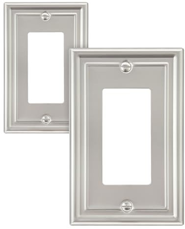 ZILLSEA Paquete de 2 placas decorativas de pared, placa de cubierta de enchufe eléctrico de níquel satinado para receptáculo, interruptor de atenuación, salida GFCI, tamaño mediano, serie A035