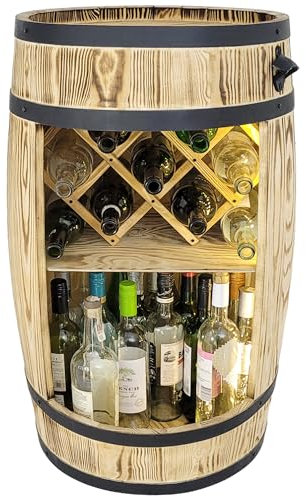 weeco Weinregal Holz mit LED Leuchten und Weinhalter - Holzfass für Gläser und Flaschen - Fassbar - Weinschrank - Wine Rack Geschenkset - Wine Rack Holzregal 80x50cm