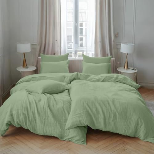 Dreamzie Musselin Bettwäsche 135x200 Baumwolle, 2er Set mit 1x Bettbezug und 2x Kissenbezügen 80x80 cm, Öko-Tex zertifiziert, Grün