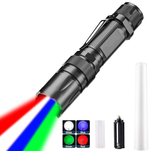 MODOAO 4 in 1 LED Taschenlampe Super Hell, Zoombar Jagd Taschenlampe mit Rot Grün Blau Weiß Licht, Wasserdicht Leistungsstarke Handlampen W/Shad, Outdoor Straßensignal Taschenlampe, für Tägliche
