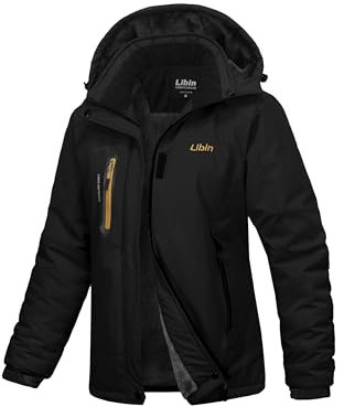 Libin Winterjacke Damen Warm Gefüttert Skijacke Outdoorjacke Damen Wasserdicht Atmungsaktiv Wanderjacke Übergangsjacke Reitjacke mit Abnehmbarer Kapuze und Reißverschlusstaschen Schwarz, L