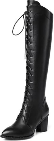 HSyc JRX Stivali da donna in pelle, con tacco a blocco, con allacciatura, Nero , 40 EU