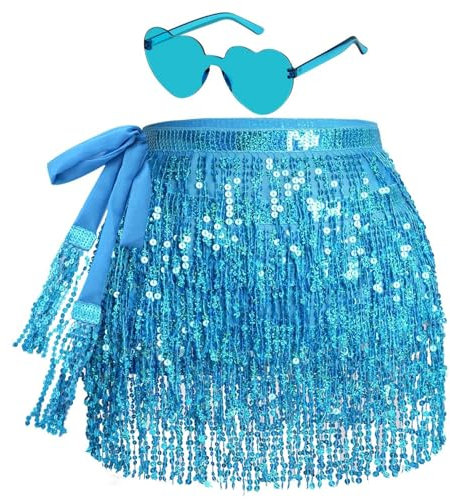 Glitzer Rock Damen Fransen Rock Glitzer mit Hippie Brille Mini Latein Rock Kurz Bauchtanz Kostüm Rave-Kostüm für Frauen Mädchen (DE/NL/SE/PL, Alphanumerisch, Einheitsgröße, Regular, Regular, Blau)