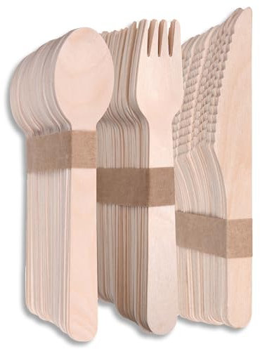 Terra Verde 150 Pack Disposable Wooden Cutlery – 50 Forks, 50 Spoons, 50 Knives – Eco-Friendly, Biodegradable & Plastic-Free – Natural Wood Cutlery for Party, Picnic, Events & Catering