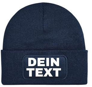 NIMAMA Unisex Erwachsenen Mütze Beanie Bedrucken Lassen - Mit Wunschtext personalisiert - Individuell als Geschenk für Herren und Damen selbst gestalten - Navyblau