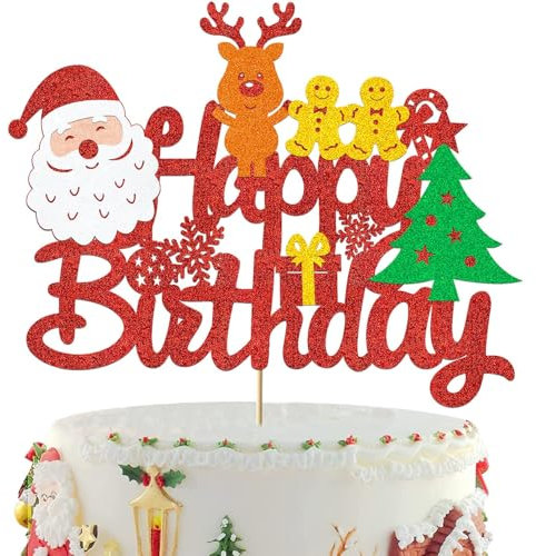 ZOSIGN Weihnachten Kuchen Topper, Tortendeko, Glitzer Happy Birthday Cake Topper, Thema Geburtstag Party Kuchen Dekorationen für Torten Muffins Weihnachtsfeier