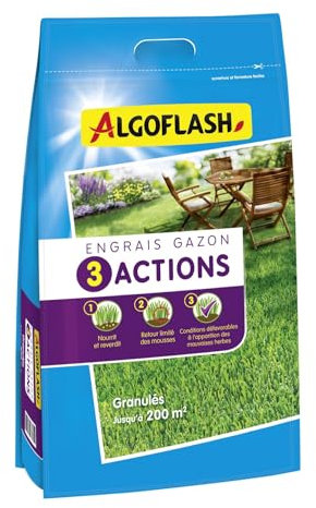 Algoflash Engrais Gazon 3 Actions, Jusqu'à 200m² - 10 Kg