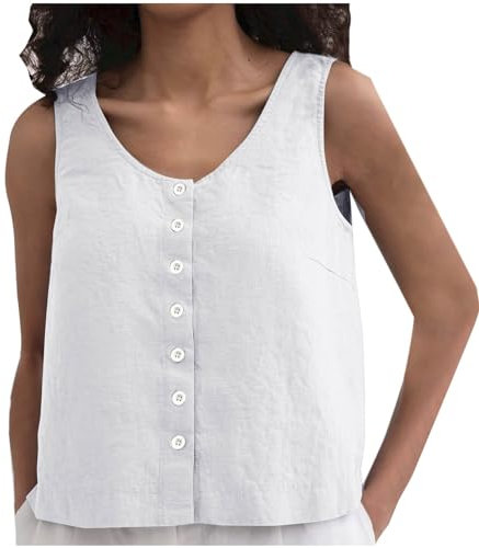 KUIH Linen Tops for Women UK Clearance Sleeveless Buttton Down Shirt Casual Loose Tank Tops Women Scoop Neck Blouse Tops Ladies Summer Tops Women's Linen Camisole Summer Tshirts Plus Size White