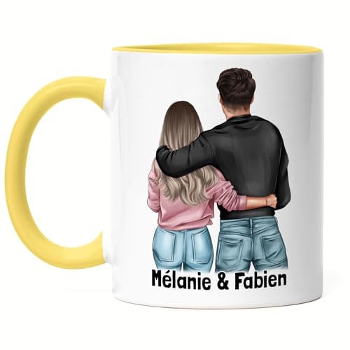Kiddle-Design Mug Jaune Couple Personnalisé avec Noms Saint Valentin Anniversaire de Mariage Cadeau pour Couple Ami et Amie Individuelle Couple Tasse à Café