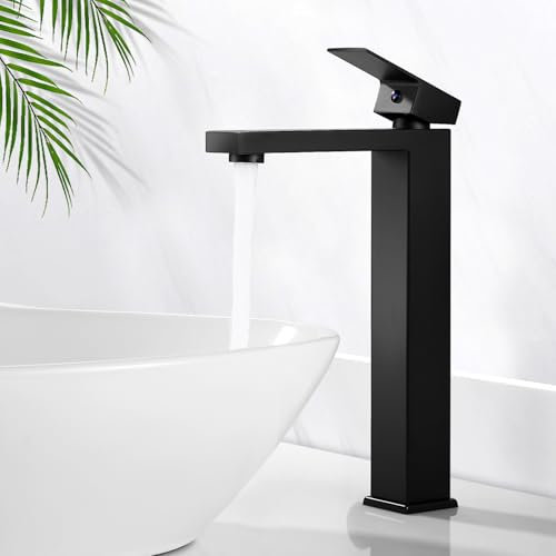 Robinet Salle Bain Noir, BOOXELY Mitigeur Lavabo Haut, Mitigeur Monocommande Salle de Bain eau Chaude et Froide, Moderne Robinetterie Vasque à Poser, Avec Tuyaux d'eau Froide et Chaude