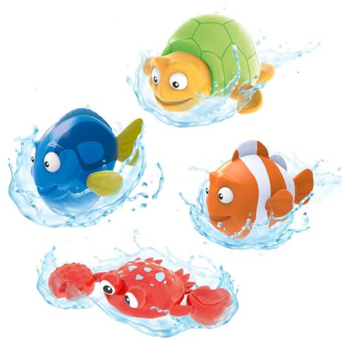 INKEE Toys Wind Up - 4 Jouets de Bain pour Enfants , Jeux Bain Bebe 1x Tortue 1x Crabe 1x Poisson-Clown & 1x Blue Tang - Jouet de Bain à remonter