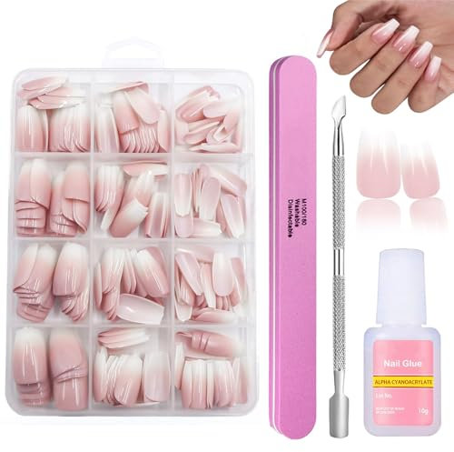 Press on Nails Short, 240Pcs Natural Gradient Pink Fake Nails Kits, Acrylic Square False Nails with Glue, 12 Sizes Glossy Full Cover Stick on Nail for Women Girls Nails Art Decorations
