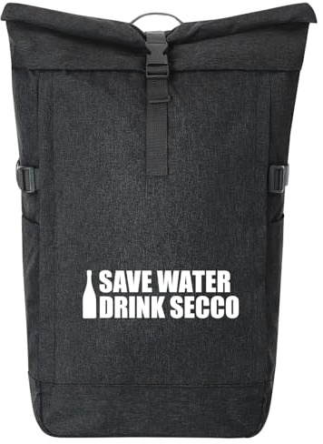 Huuraa Kurierrucksack Save Water Drink Secco Sektflasche 30-44 Liter Black Melange Fairtrade Rolltop Rucksack Geschenkidee