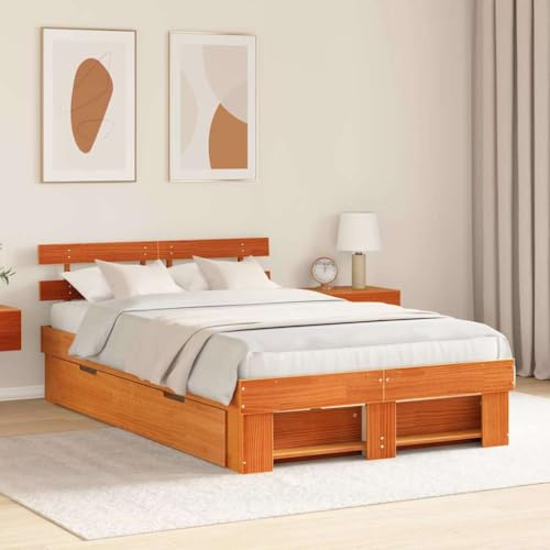 vidaXL Bettgestell aus massivem Holz mit Schubladen in traditionellem Wachsbraun, 140 x 190 cm. Bequeme Schlafzimmermöbel, modernes, minimalistisches Schlafsystem für drinnen.