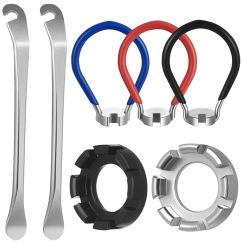 Tiugbjkgk 7 Pz Kit de Llave Radios Bicicleta: 3 Llaves para Radios, 2 Llaves para Radio de Rueda (Calibre 10-15) y 2 Desmontadores de Neumáticos, Llave reparación de Bicicletas montaña