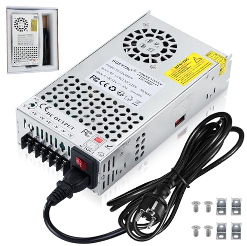 BOSYTRO Aggiornato Alimentatore 12V 40A 480W Trasformatore 220V a 12V Alimentatore Switching Trasformatori per Strisce LED, CCTV, Radio, Progetto informatico, con Cavo di Alimentazione