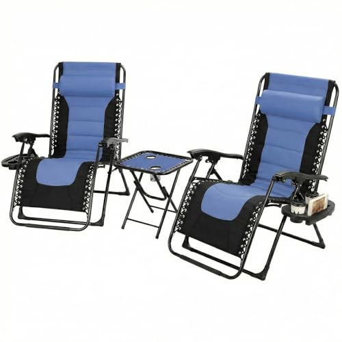 Clevich Folding Zero Gravity Sun Loungers Set of 3, Adjustable Outdoor Recliner Chairs with Table, Cup Holders, Removable Headrest, Extra Wide, UV-Resistant, No Assembly Required for Garden/Beach/Pool