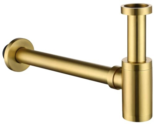 Packool Brushed Gold Bathroom Basin Sink Bottle Trap, 304 Stainless Steel G1-1/4 Inch Drain Kit, Anti-Odor P-Trap Drain with Adjustable Vertical Pipe, Wall Mount Design
