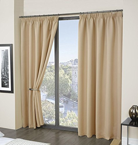 RAYYAN LINEN Thermal Pencil Pleat Blackout Tape Top Pair of Curtains With Free Tiebacks (46 X 72, Cream Natural Beige)