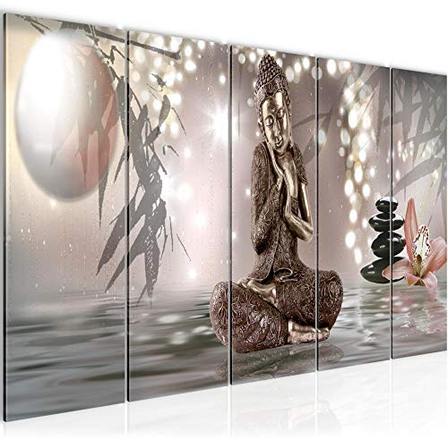 Runa Art Wandbild XXL Buddha Feng Shui Wohnzimmer Schlafzimmer 200 x 80 cm Beige 5 Teilig - Made in Germany - 503455a