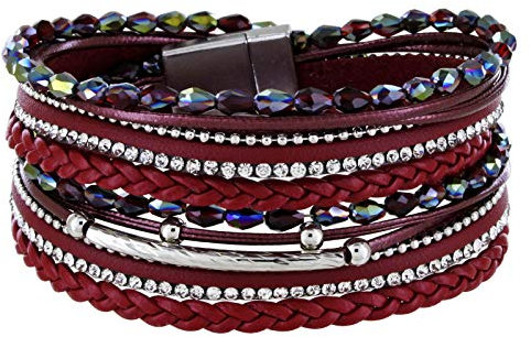 StarAppeal Armband Wickelarmband mit Perlen, Strass, Ketten und Flechtelement, Magnetverschluss Silber Matt, Damen Armband (Rot)