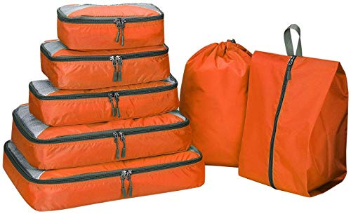 G4Free 4pcs/6pcs/7pcs Packing Cubes Suitcase Organiser Packing Bags Luggage Organiser Value Set for Travel Home Storage ((S+Slim+M+L+XL+Drawstring Bag+Shoes Bag)-7PC, Orange)