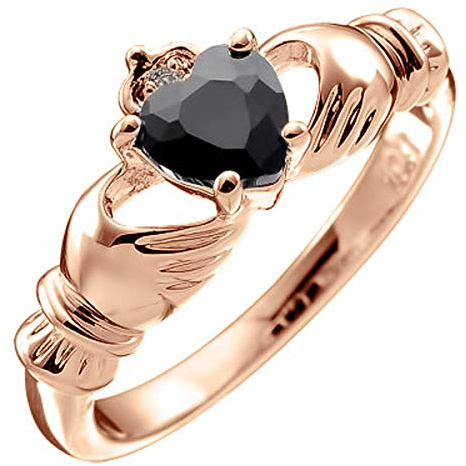 GWG Jewellery 18K Rose Gold Coated Claddagh Love Ring with Black Heart Stone, Hands, and Crown in Gift Box for Women