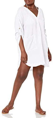 Seafolly Damen V Neck Cover Up Dress with Roll Sleeves Badebekleidung, Aloha-Weiß, Large