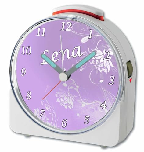 CreaDesign, WU-71-1072-05, Blume Lila, analog Kinderwecker weiß, Funkwecker mit Sweep-Uhrwerk und fluoreszierenden Zeiger und Licht, personlisiert mit Namen, 10,2 x 4,6 x 11 cm