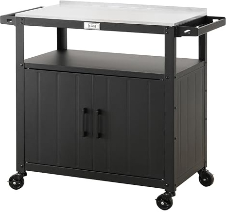 Feasto Grilltisch Outdoor Grillwagen Outdoor Outdoor-Küche Pizzatisch | 100x45x89,5 cm Pizzaofen Tisch outdoor Servierwagen Metalltisch outdoor mit Schrank, Edelstahlplatte, für Terrasse, Garten