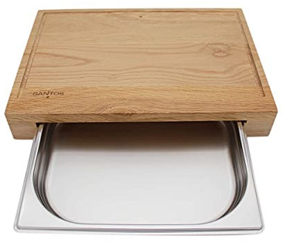 SANTOS Schneidebrett Eiche mit Auffangschale - 43x7x28cm - Serviertablett Groß - Holzbrett zum Hacken & Servieren - Küchenhelfer - XL Tranchierbrett