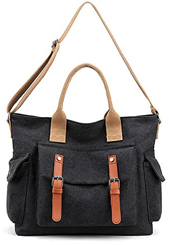 FANDARE Vintage Handtaschen Leinwand Schultertasche Damen Umhängetasche Frauen Arbeitstasche für 10.5 Zoll Tablet Shopper Reisen Crossbody Messenger Bag Schwarz