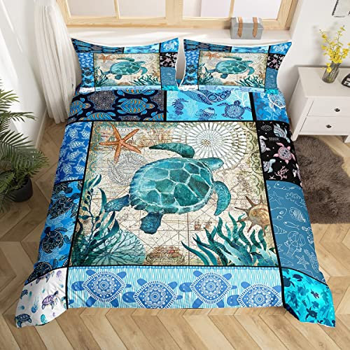 Loussiesd Sea Turtle Bedding Set Blue Boho Tortoise Comforter Cover Set for Kids Women Men Ocean Marine Turtle Duvet Cover Teal Bohemian Bedspread Cover 2Pcs Single Size