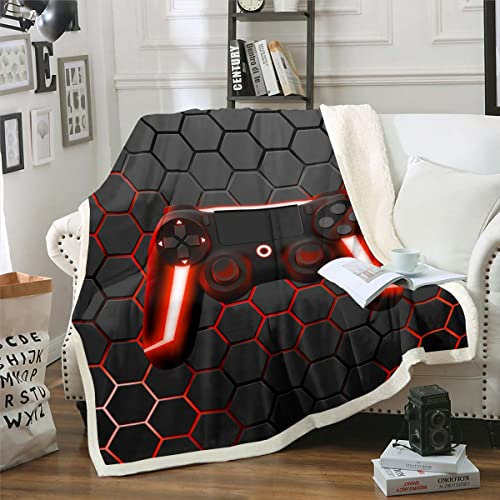 Spieldecke für Jungen Teenager Spieldecke Kinder Spieler Plüschdecke rote Neonlichter Gamepad Geometrie Waben Sechseck Plüschdecke warm für Schlafzimmer Sofa Bett Couch 150 x 200 cm