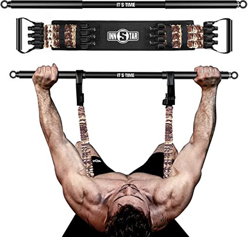 INNSTAR Tragbares Bankdrücken Widerstandsbänder, Verstellbare Bench Press Bands mit 91cm Fitness Stange, Brusttrainer für Arm, Rücken, Bizeps und Brustmuskeln Krafttraining (Men|200LB with Bar)
