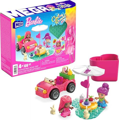 Mega Barbie Coffret de Construction Road Trip en Décapotable avec 2 Mini-poupées Barbie Color Reveal en 3 Parties à Assembler, 60 Briques et Accessoires, Jouet Enfant, Dès 4 Ans, HKF90