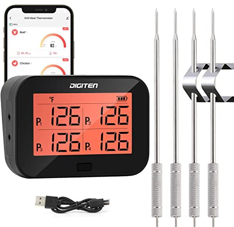 DIGITEN Bluetooth Grillthermometer Kabellos Fleischthermometer mit 4 Sonden BBQ Thermometer Smoker Thermometer Sofort Ablesen Thermometer Smart Wiederaufladbar Lebensmittelthermometer
