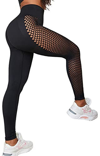 Sexy Leggings für Frauen, hohe Taille, Capri-Yogahose mit Netz-Design, Po-Lifting & Bauchkontrolle, Workout-Leggings, Schwarz , L