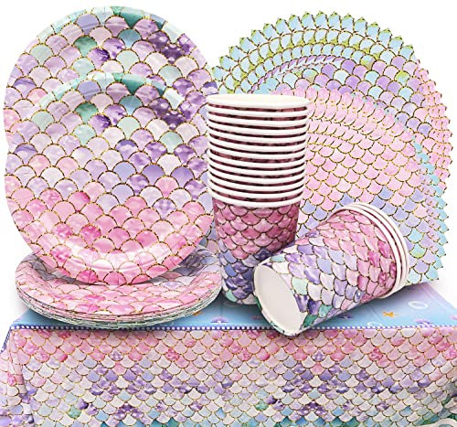 Shamoparty Juego de Vajilla de Fiesta TemáTica de Sirena, Accesorios de Fiesta para NiñAs, Cumpleaños, Decoración de Mesa, Sirena,53 Unidades para 16 Invitados (Mantel,Platos,Vasos,Servilletas)